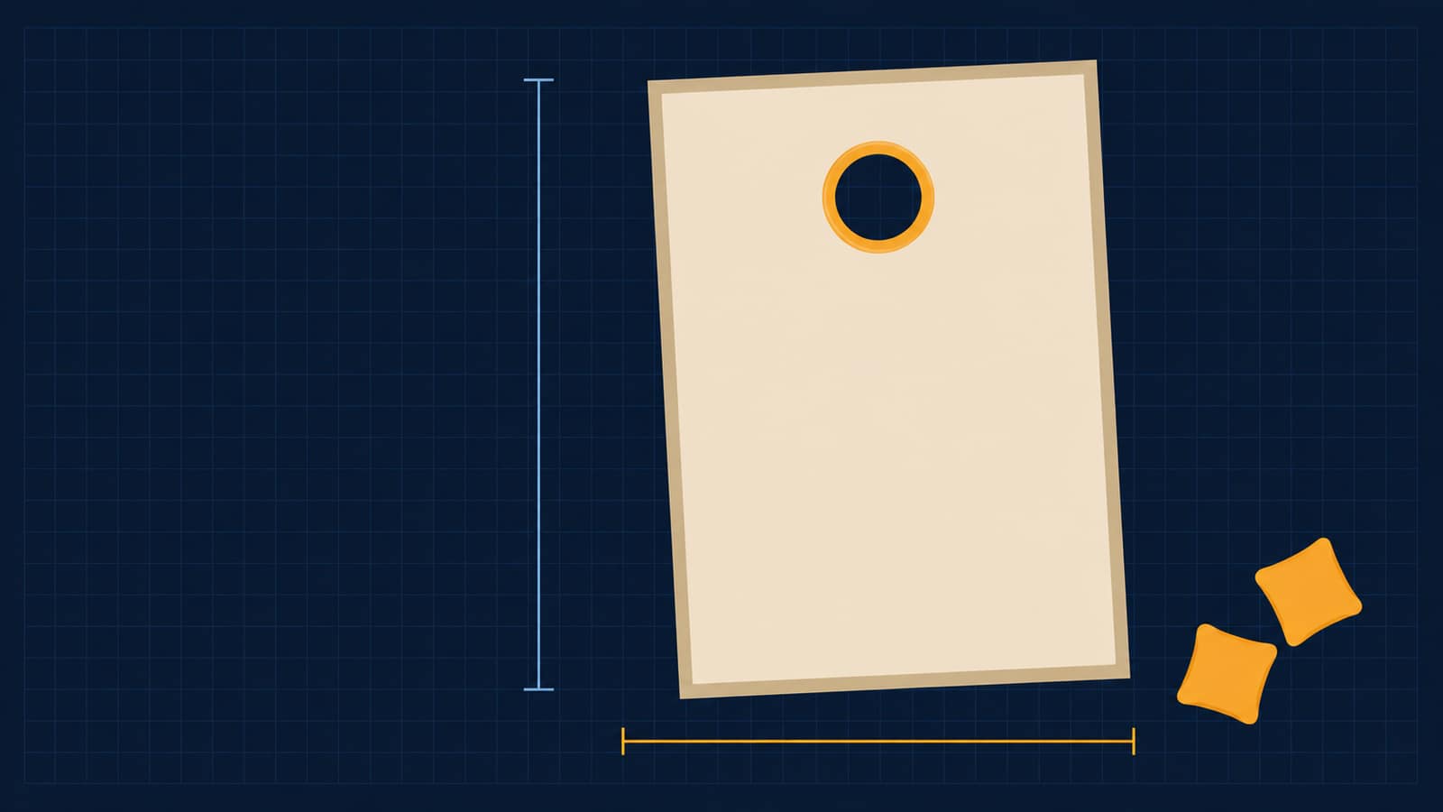 Overhead diagram of a regulation cornhole board with its length and width dimensioned, and two bags beside it.